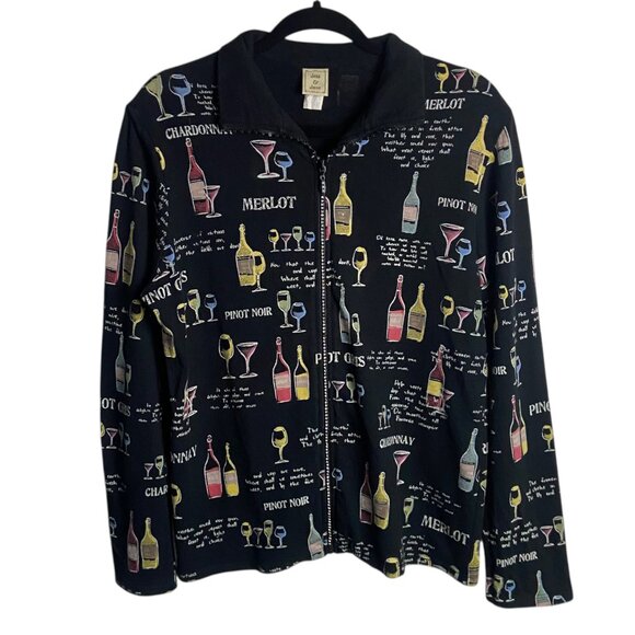 Jess & Jane Size Large Full Zip Collared Sweatshirt Black Wine Print Rhinestone - Picture 1 of 6